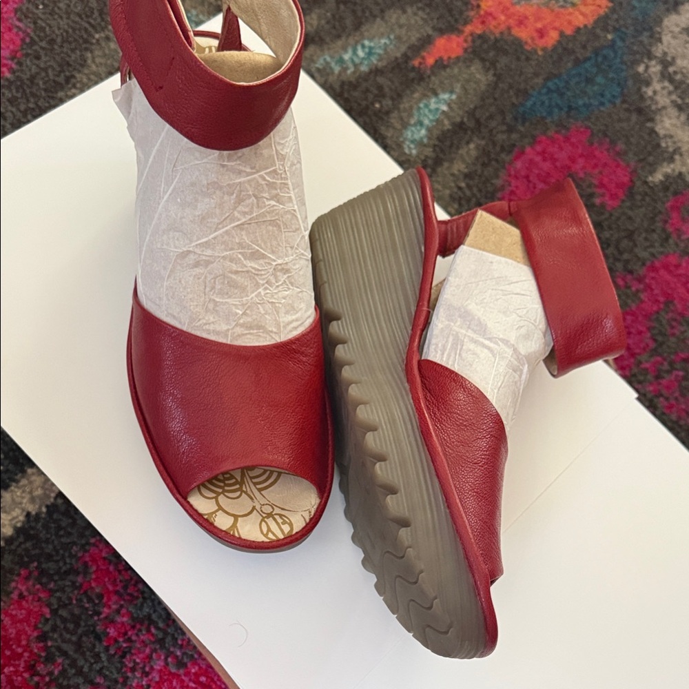 FLY London Red Leather Wedge Sandals